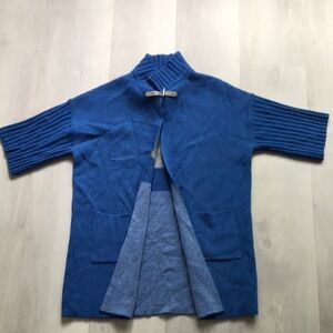A.IDA BLUE WOOL DUSTER CARDIGAN FROG BUTTON SHORT SLEEVE WOMENS MEDIUM